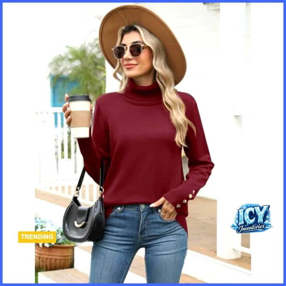 Long Sleeve Turtleneck Pullover Sweater with Metal Buttons High Low Hem